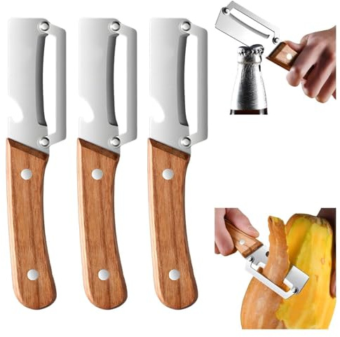 Paquete de 3 Pelador De Verduras Multifunción 2 En 1, Abridor De Botellas Incorporado, Inoxidable Ultraafilada Y Mango De Madera Ergonómico Para Patatas Caña De Azúcar Cuchillo Y Raspador