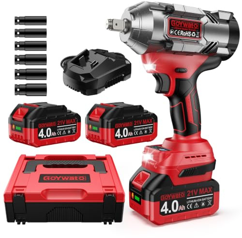 Avvitatore a Impulsi 1490 Nm con 2 Batterie 4.0Ah e 6 Bussole, Rosso | 1/2'' Avvitatore ad Impulsi Brushless con Caricabatterie & LED Integrata, Ideale per Auto, DIY e Uso