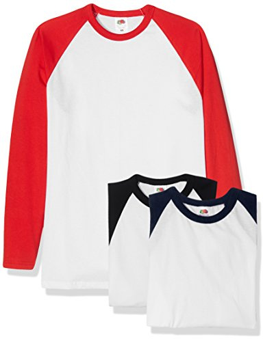 Fruit of The Loom Maglietta Classica da Baseball a Maniche Lunghe da Uomo (Confezione da 3), Bianco Nero/Bianco Navy/Bianco Rosso, XL