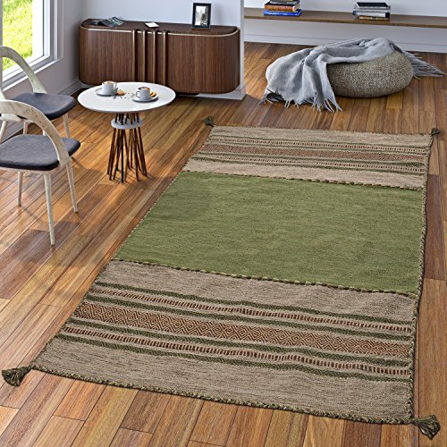 TT Home Handwebteppich Wohnzimmer Natur Webteppich Kelim Modern Baumwolle Streifen Grün, Größe:80x150 cm