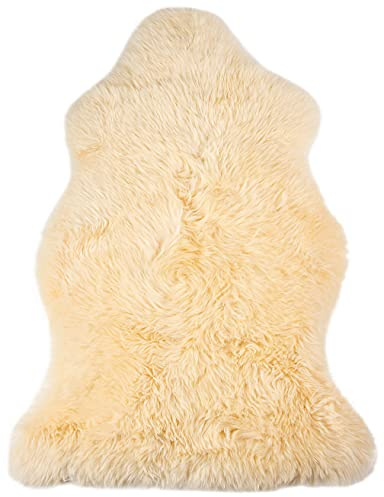 Natural Milan Genuine Sheepskin Area Rugs with Thick and Lush Pile, Fluffy Sheep Fur Rug with Anti-Skid Backing for Bedroom Living Room, Single Pelt, Cream 2 ft x 3 ft