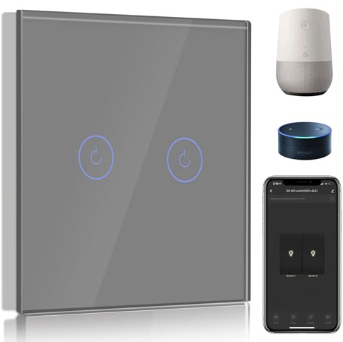 BSEED Interrupteur Connecté WiFi,2 Gang 1 Voie Interrupteur Tactile Mural en Verre WiFi, Compatible avec Alexa et Google Home, Gris (Ligne Neutre Requis)