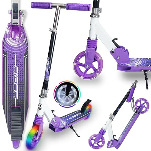 WeLLIFE |Monopattino per Bambini in Alluminio| Ruote luminose a Led grandi 140mm| Monopattino Viola in Alluminio| Altezza Regolabile per Bambini