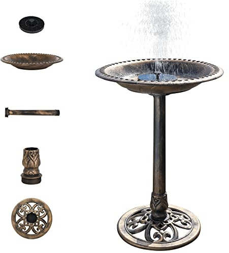 VINGLI 28 Inch Bird Bath with Solar Fountain Antique Copper Weather Resistant Resin Pedestal Birdbaths Floral Accents and Vintage Finish Garden Decor for Outdoor Lightweight Courtyard…