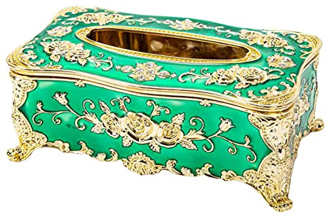 Anawakia Kosmetiktücher Box Tissuebox Taschentuchspender Rose Blumen Muster Kosmetiktücherbox Europäische Tissue Box für Heimhotel (Grün+Gold)