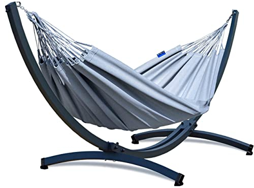 Potenza Outdoor Hängematte mit Gestell für 2 Personen, mit Fuß I Merida Baumwolle Doppelhängematte 220x160, 220kg I Tytan Hängemattengestell 350kg, wetterfest (Graphit - Gestell, Grau)
