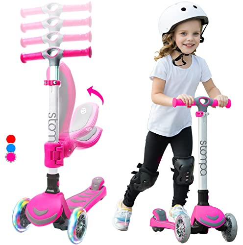 Stompa Roller Kinder 3 Jahre mit Sitz für Mädchen, Faltbar Kinderroller 3 Räder LED Blitzlicht, 4 Höhenverstellbarer, Kleinkind Scooter Rutsche Tretroller, 2 EIN 1 Kinderscooter für Alter 3-8 Rosa