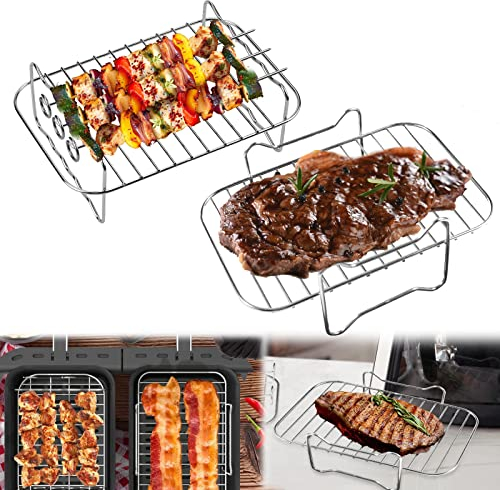 Pipihome 2Pcs Air Fryer Rack Compatible with Ninja Food Dual Zone Air Fryer [AF300UK] [AF400UK] 2 Drawers, Layered Dehydrator Racks Skewer Rack 304 Stainless Steel Dual Air Fryer Accessories