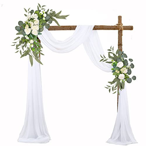 EESLL Kit de flores artificiales de arco de boda (paquete de 3), 2 guirnaldas de flores blancas con 1 tela blanca transparente para decoración