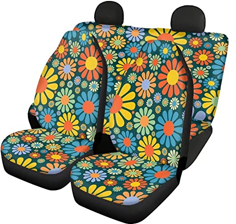HUGS IDEA Autozubehör Sitzbezüge Vordersitzschoner Rücksitzschoner Kissen 4 Stück Abstrakt Hippie Gänseblümchen Blumen Print Universal Fit