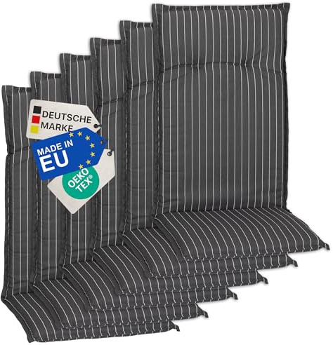 NYVI Gartenstuhl Auflagen Hochlehner 6er Set Barcelona - UV-Beständig, Atmungsaktiv, Strapazierfähig - Hochlehnerauflagen Outdoor - Sitzauflagen für Gartenstühle 118x50cm Grau Weiße Streifen
