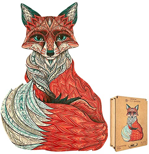 Lubiwood Verspielters Tierform-Holzpuzzle (42x29 cm) - Fördert Beobachtungsfähigkeiten und Zufriedenheit - kommt mit Holzgeschenkbox - (Schlauer Fuchs, Large (A3))