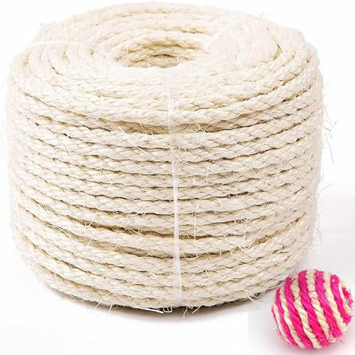 Corda Naturale Corda per Albero dei Gatti,Spessa 6 mm(50m) Corda di Sisal Corda di Canapa per Tiragraffi,per Riparazione e Sostituzione di Gatto Scratching Pilastro Gatto Albero Bianco