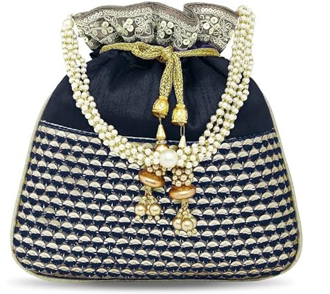 Aheli Ethnic Potli Bag Gift for Women Handmade Purse Evening Handbags Stylish Bridal Fashion Clutch Bag Gift, Blue, 2.6 inches