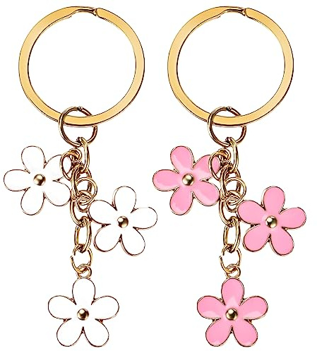 Bewudy 2Pcs Flowers Keyrings Keychains For Women, Key Chain Pendant Key Ring Decoration For Girls, Best Gift for Women Key Purse Bag Accessories (Pink White 2 Pcs)