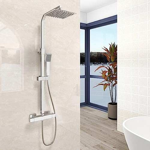 Aica Sanitarios Columna de Ducha con Termostato 38℃, Cuadrada Plata Alcachofa Superior, Ducha de Baño, Barra ajustable
