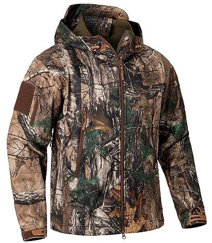 CARWORNIC Men's Camo Quiet Hunting Jacket Waterproof Softshell Fleece Lined Camouflage Silent Hunting Clothes Windproof Outdoor Work Safari Hiking Fishing Coat
