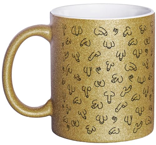 OM3® witzige Glitzertasse mit Penisse Kaffeetasse Pimmel Tasse Penis-Muster - Glitter Tasse - Keramik Becher - 11oz 325ml - Rundumdruck - Gold