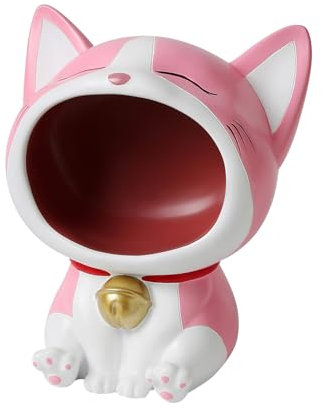 XIGOFA Rosa Katzenstatue, Ornament, Aufbewahrung, Kunstharz, moderne Kunst-Skulptur, Schreibtisch-Aufbewahrung, großer Mund lachende Katze, Tiere, Sammelfiguren, Kunst-Skulptur, Heimdekoration