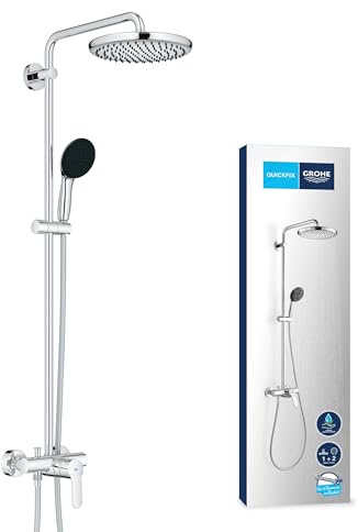GROHE Vitalio Start 250 Shower System with Single-Lever Mixer (250mm Rain Head & 110mm 2-Spray Hand Shower, Water-Saving, Wall-Mounted, Includes QuickSpanner Installation Tool), Chrome, 26679001
