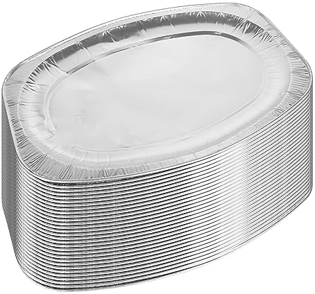 VIDETOL 25 Stück Servierplatte Alu, 43 x 29 cm Alu Servierplatten Groß, Ovaler Aluschalen, Silber Partyplatten für Buffets, Catering, Grills