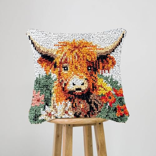 JILIP Cute Highland Cow Cattle Latch Hook Kits, 17 * 17 DIY Pillowcase Hook and Latch Kit, Needlework Cushion Cover Hand Craft Crochet Sofa Decoration (Color : B)