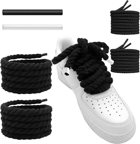 UamGlsob Cordones de Zapato de Gordos para Air Force 1, 10mm Cuerda Gruesa Redondos de Algodón Grueso para Zapatillas de Deporte, Rope Shoe Laces (Black, 54''/140cm)