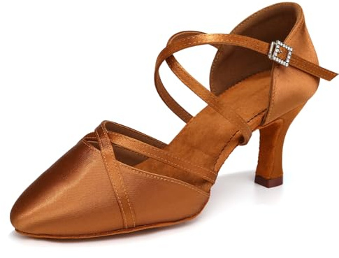 HROYL Women Closed Toe Ballroom Dance Shoes Standard Practice Performence Latin Salsa Dance Shoes,933-DB-Brown-7,US 7.5