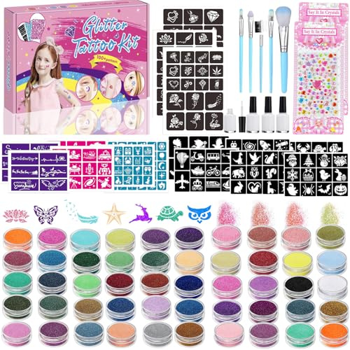 TEUVO 50 Colores Kit Tatuajes Purpurina para Niñas - 199 Plantillas, 230 Strass, 5 Pinceles, Juego Tatuajes Temporales Niños Kit Glitter Maquillaje para Halloween Navidad Carnaval