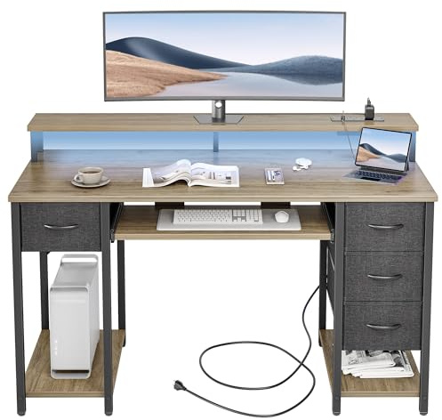 BEXEVUE Gaming Schreibtisch mit Steckdosen LED - 120x50 cm Moderner Computertisch mit Tastaturablage, 4 Umkehrbare Schubladen, Großes Lagerregal zum Lernen Spielen Arbeiten Schlafzimmer Heimbüro, Grey