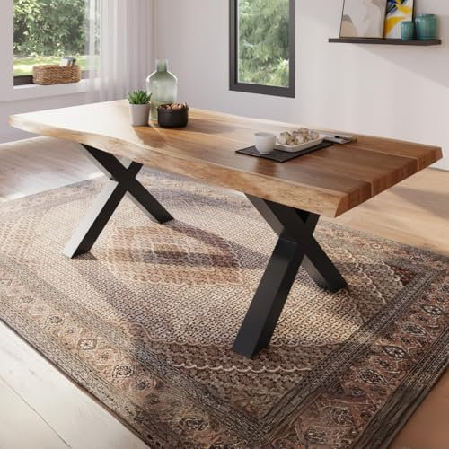 trelevo Esszimmertisch 220x100 cm, Akazienholz massiv, Tischplatte naturfarben, echte Baumkante, X-Gestell schwarz, Baumkantentisch