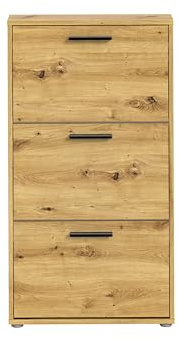 SAM Schuhkipper in Artisan Eiche Optik - Praktisches Schuhregal Schuhschrank zur platzsparenden Aufbewahrung von Schuhen - 59 x 103 x 17 cm (B/H/T) | Platzsparender Schuhschrank mit 3 Klappen, schwarze Stangengriffe, geräumiger Oberboden für Dekoration