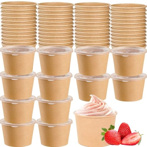 CEZOOWYEX Lot de 100 récipients alimentaires en papier avec couvercles, gobelets en carton de 236,8 g, réutilisables pour soupe chaude pour Noël, Thanksgiving, rassemblement, marron