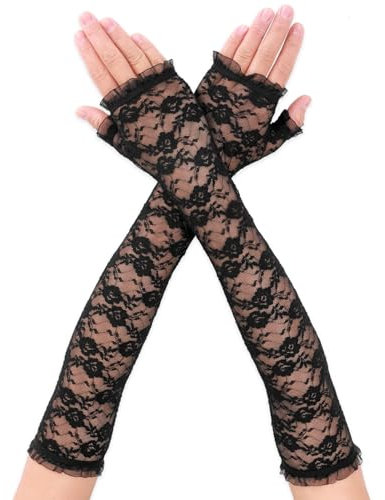 Lusofie Long Lace Gloves Fingerless Bridal Gloves for Women Elbow Length Floral Glove Arm Sleeves for Halloween Wedding Tea Party Engagement Dress Prom (Black)