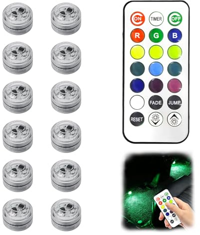 Editbar 12 Stück Mini LED Lichter Wasserdicht - Unterwasser Lichter für Aquarium, Fischbecken, Badewanne Pool & Party, LED Kerzen Teelichter mit IP65, Mehrere Farben Verfügbar