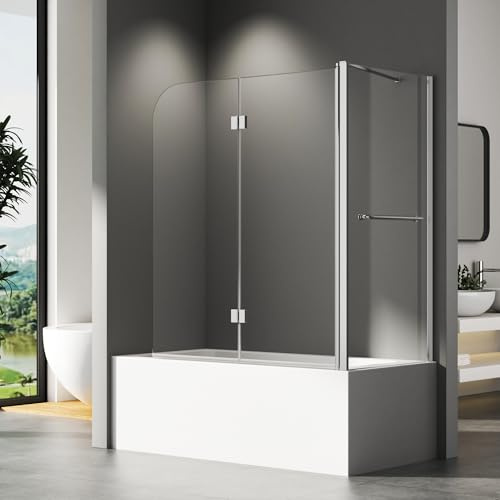 Duschwand für Badewanne 120x75x140cm, Badewannenaufsatz mit Seitenwand Duschwand 2-teilig Faltbar Duschabtrennung Badewanne, 6 mm Sicherheitsglas (ESG)