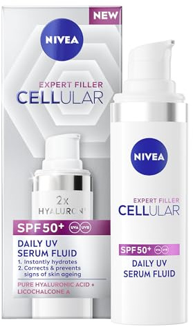 NIVEA Cellular Expert Filler Daily UV Serum Fluid LSF 50+ (30ml), feuchtigkeitsspendende Anti-Aging-Creme mit Sonnenschutz und Hyaluronsäure, Gesichtssonnencreme zur Glättung feiner Linien und Falten