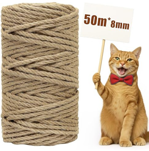 Corde Arbre à Chat, Corde de Jute 8 mm x 50m, Corde à griffer, Corde en Chanvre, Accessoire pour Chat, Corde à griffer, Corde en sisal Pièces de 50m