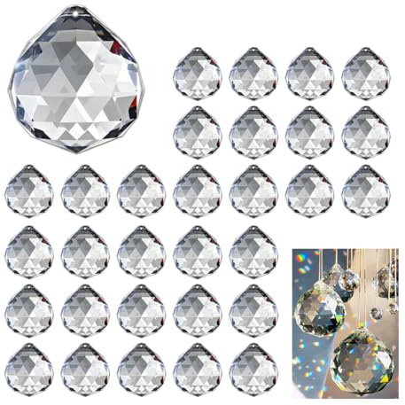 WWYSSZ 30 Stück Kristalle zum Aufhängen, 20mm Kristallkugel Sonnenfänger, Suncatcher Prisma Kristall Anhänger für Fenster, Hängende Kristalle Prismen, Hängend Glasprisma für fengshui, Geschenk(Clear)
