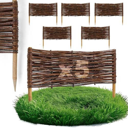 5 x BOGATECO Beeteinfassung aus Weide | 60 cm Lang & 30 cm Hoch | Holz-Zaun Rasenkante | Weiden-Zaun Steckzaun Perfekt für den Garten als Weg-Abgrenzung | Gartenzaun Weidezaun Zaunelemente
