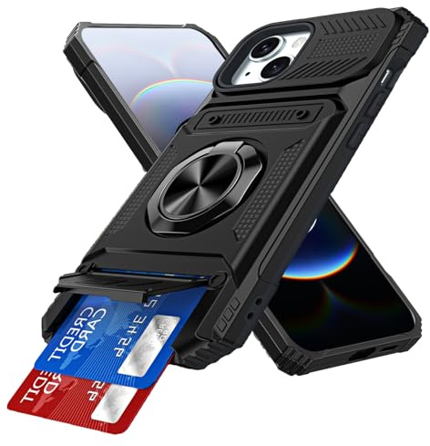 IMEIKONST for iPhone 14 Plus / 15 Plus Case with Card Holder Black TCKB | Military Grade Drop Protection, Magnetic Ring Kickstand, Anti-Slip Shockproof Cover, Heavy Duty Rugged PC Back