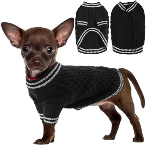 LiebeDD Hundepullover - Warm Chihuahua Pullover Hund mit Lange Beinen Elegant College Hundepulli V-Ausschnitt Hunde Pullis Strick Hundepullover für Kleine Mittelgroße Hunde (Schwarz XS)