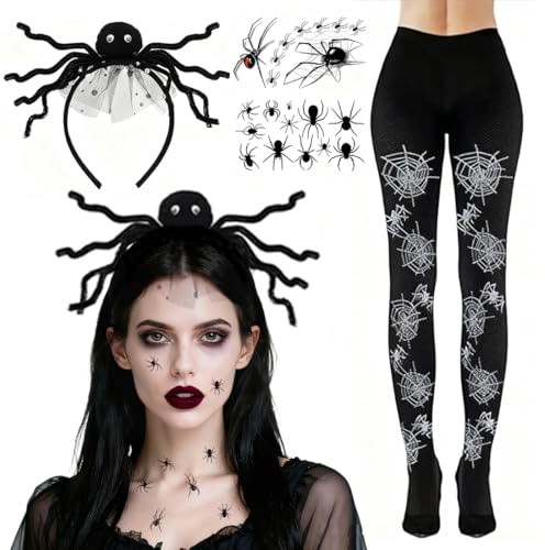 Nepturion 4 stycken halloween kostym spindeltillbehör damer, spindelnätsstrumpor, spindlar hårband huvudbonader, strumpbyxor spindlar, med tatueringar kostym tillbehör för halloween, karneval och