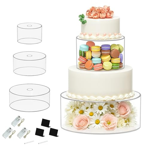 Tårtställ akryl, uppsättning av 3 kakseparatorer, 6 + 25 cm (6 + 25 tum) transparent tårtställ, fyllningsbar med 3 LED-ljuskedjor och etiketter, bröllopstårtställ, dessertbord, displaybox för bröllop