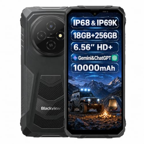 Blackview Fort 1 AI Smartphone Incassable, Éditeur Photo Magique IA, 18GB+256GB, Batterie 10000mAh, 16MP+8MP, 6.56'' HD+, IP68 IP69K Téléphone Étanche Renforcé, Android 15, Double SIM, NFC Noir