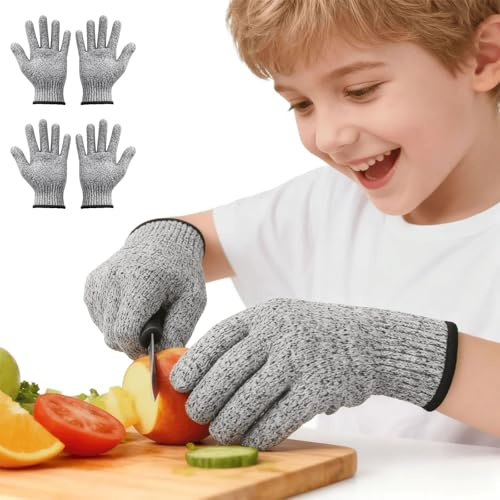 Thalire 2 Pares Nivel 5 Guantes Anticorte para Niños 5-8 Años, 16 cm/XXS Guantes Resistentes Al Corte, Guantes de Trabajo Cocina & Talla, Gris
