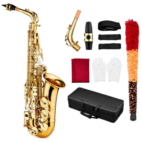 Saxofón alto Eb, saxofón de latón con patrón tallado, incluye boquilla de plástico, guantes, paño de limpieza, cepillo y correas