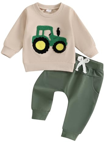 Yassiglia Ensemble de vêtements doux pour bébé garçon - Tenue 2 pièces mignonne - Manches longues - Motif tracteur - Sweatshirt et pantalon - Automne et hiver, vert abricot, 18-24 mois