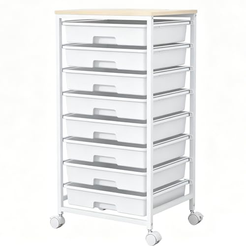 Rollwagen mit 8 Schubladen, Rollcontainer mit Holzarbeitsplatte, Mobiler Schubladenschrank mit Leisen Rollen, Weißer Bastelschrank für Küche, Büro, Wohnzimmer & Bastelraum