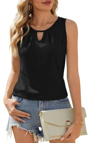 Zeagoo Debardeur Femme Chic et Élégant Été Top sans Manches Haut Col en V Ample Caraco Oeillet Broderie Camisole Basique Chemise Noir S